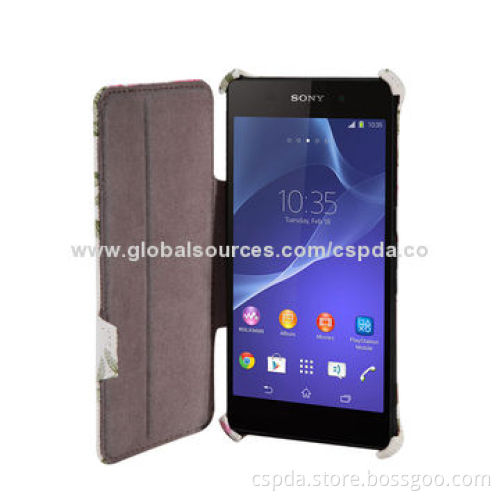 Heat setting PU back standing leather case for Sony Xperia Z2 with flower, OEM and ODM acceptable